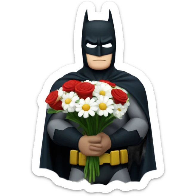 Batman holding a bouquet of white and red flowers in front of the night sky  sticker