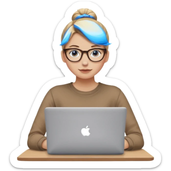 girl, dirty blonde hair, a bun, blue eyes, glasses, brown longsleeve, a laptop. upper body. sticker
