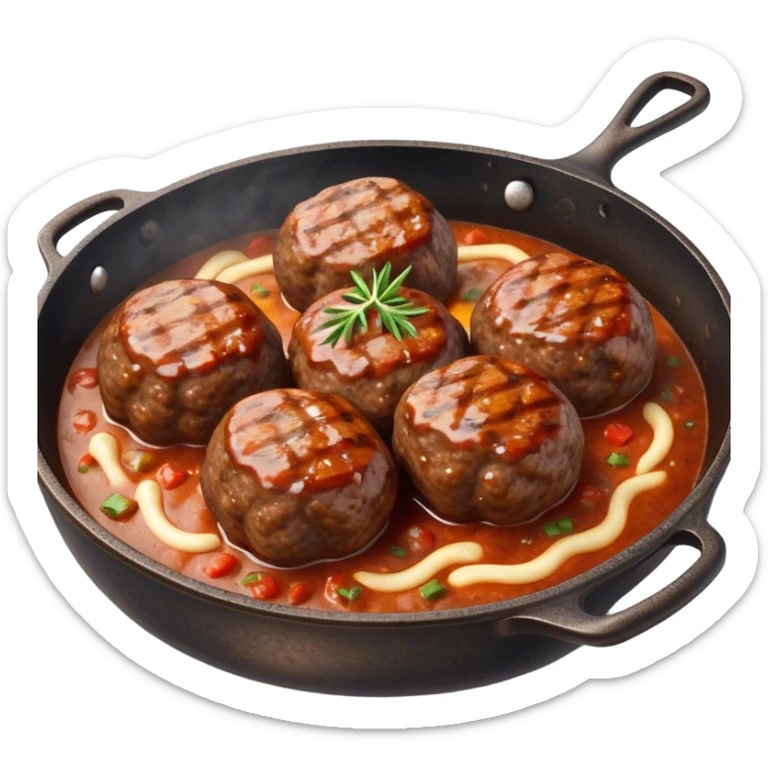 Cinematic Realistic Kofte Dish Emoji, depicted as seasoned, grilled meatballs with a charred exterior rendered with lifelike textures and robust, appetizing lighting. sticker