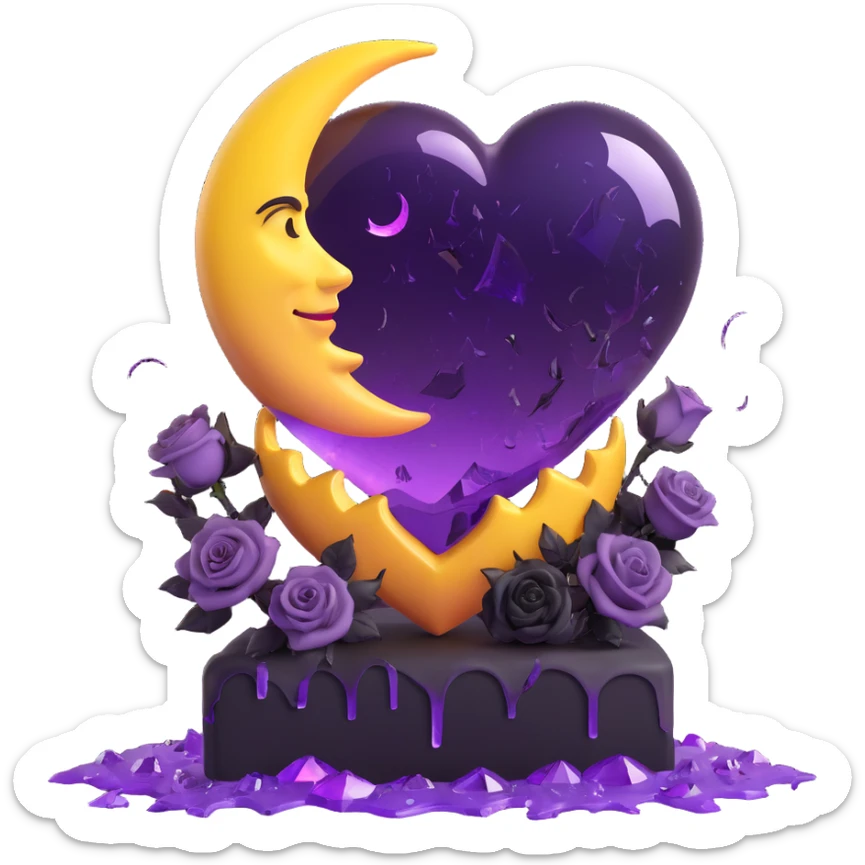 3D emoji gothic heart, purple glass, crescent moon with gemstone, black roses at the base, bold lightning, heavy rain, cracked glass with crystal shards sticker