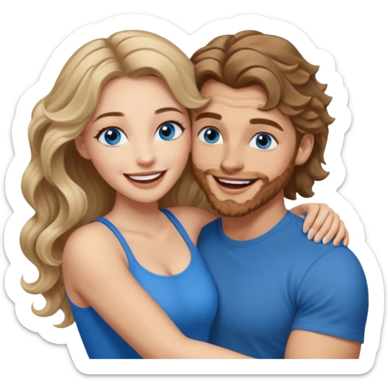 Women with blue eyes and very long, brown blond balayage curled hair in the arms of a man with strong arms a straight face, a very sexy man blue eyes. They are laughing at each other. He has short brown hair and is light skinned  sticker