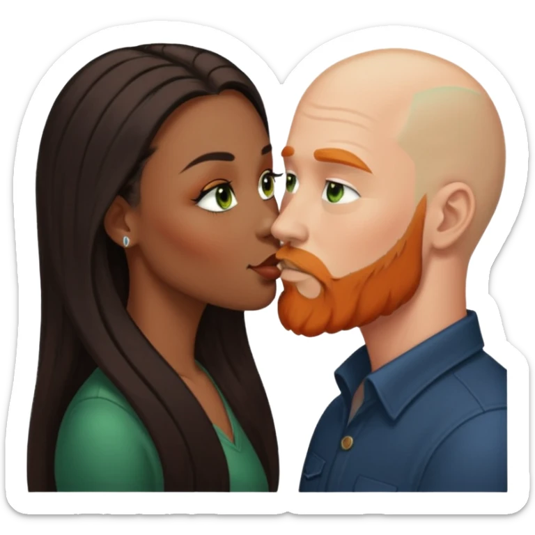 ebony black women with brown eyes and long balayage brown/black hair.  She is kissing bald white man. The White man is 47yrs old, pale, green eyes has orange facial hair and long beard  sticker