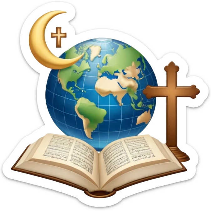 An icon featuring a Bible, The Quran, The Orthodox cross, a crescent moon, symbolizing the study of religions. The design includes diverse religious symbols and a globe, representing global beliefs and spiritual practices. Transparent background highlights the exploration of faiths and traditions. sticker