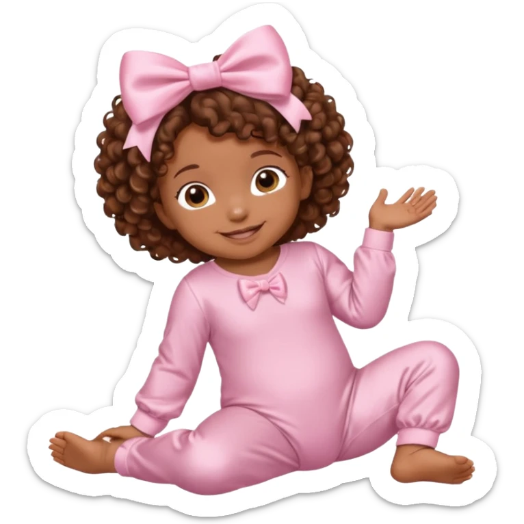 Brown skin baby with brown curly hair down laying down with satin baby pink onesie and white bow sticker