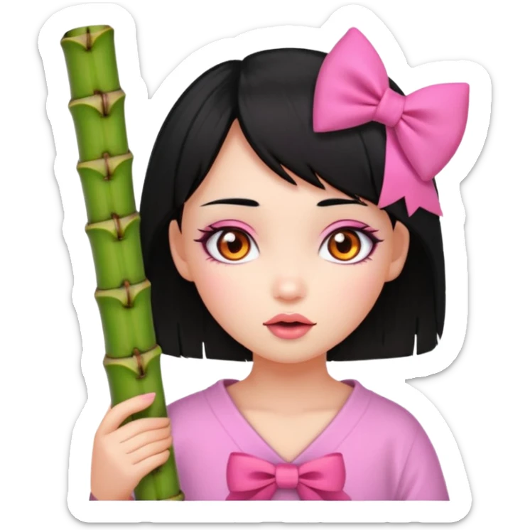Girl with Black hair in the end orange, pink eyes, a Bamboo in the mouth and a Small pink bow on her hair sticker
