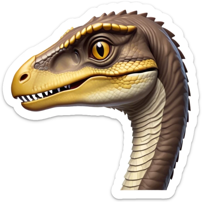 Cinematic Noble Velociraptor Portrait Emoji, Poised and agile, with a slender, streamlined build, sharp, cunning eyes, and a sleek snout hinting at predatory precision, Simplified yet sharply defined features, highly detailed, glowing with a cool, dynamic radiance, high shine, intelligent and swift, stylized with an air of agile prehistoric grace, focused and alert, soft glowing outline, capturing the essence of a watchful and confident Velociraptor that appears ready to dash out of the screen with effortless speed! sticker