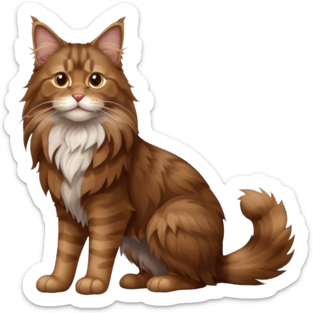 A high-resolution photo-realistic digital illustration of a brown maine coon cat, full body sticker