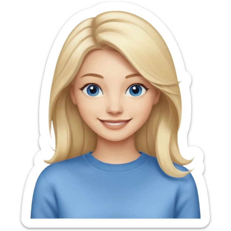 hyper realistic glamourous pale woman, Long blonde balayage hair, smiling, beige sweater & blue eyes sticker