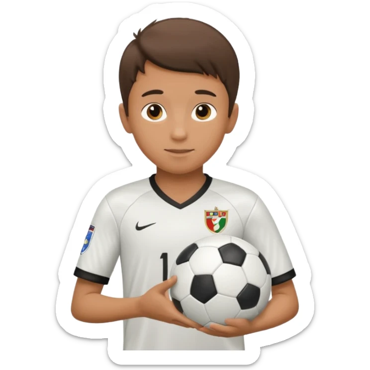 a boy having a soccer ball next to his hand wearing a soccer jersey
 sticker