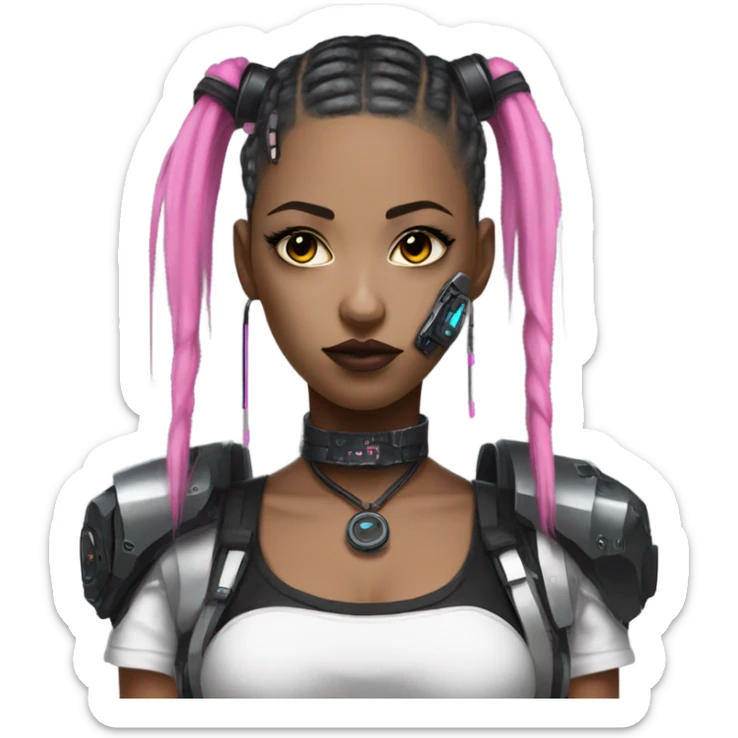 cyberpunk girl, pink twintails, black collar, black crop top, cyborg sticker