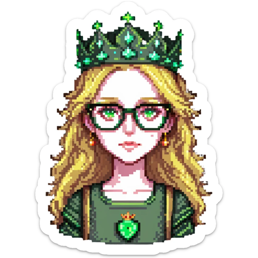 beautiful princess with blonde hair, striking green eyes, wearing glasses and a crown sticker