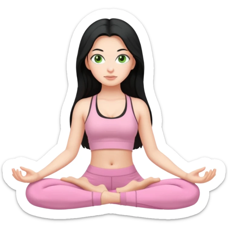 Girl with super long black hair with green eyes doing yoga with light pink clothes sticker