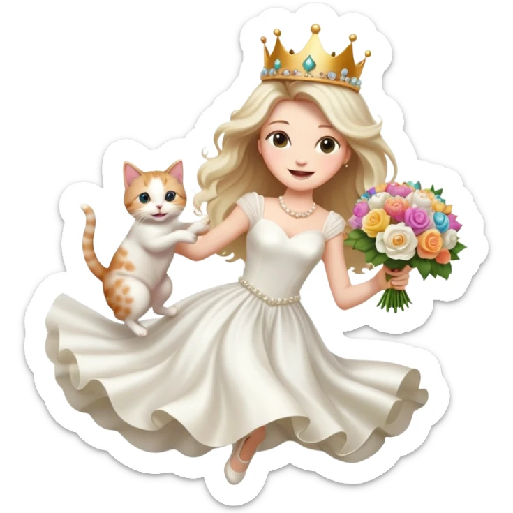White woman - long hair - white wedding dress - holding a kitten - happy - jumping - stylish - elegant - bouquet - dreamy - colorful - wearing a crown - pearl accessories sticker