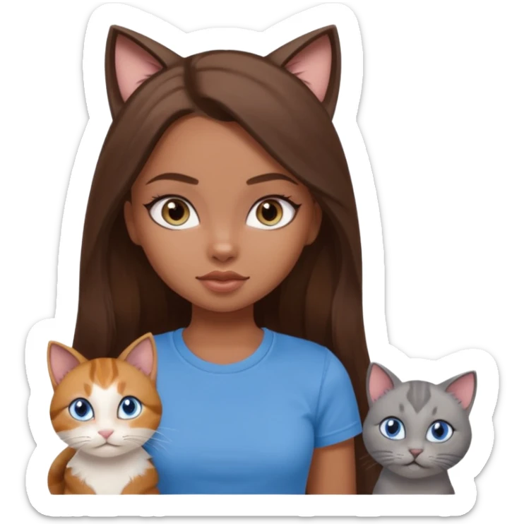a pretty bratz dusky girl with long brown hair, blue eyes with six cats nd wearing a grey tshirt sticker
