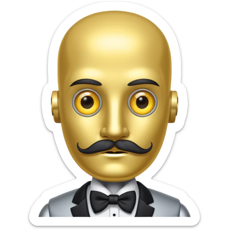 robot with thick moustache, no hair, yellow eyes without pupils, wearing a tuxedo, buff sticker