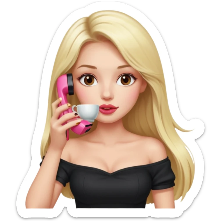 exaggerated features of woman with straight long blond hair, gossiping on a pink analogue phone, holding a tea cup, wearing an off-shoulder black top, red face sticker