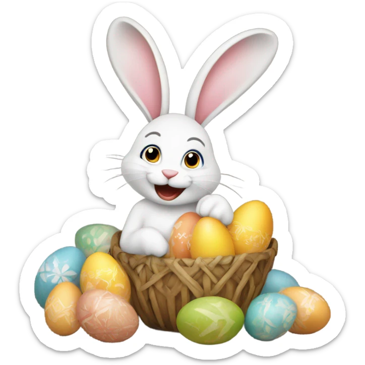 Happy eastern with a bunny holding eggs sticker