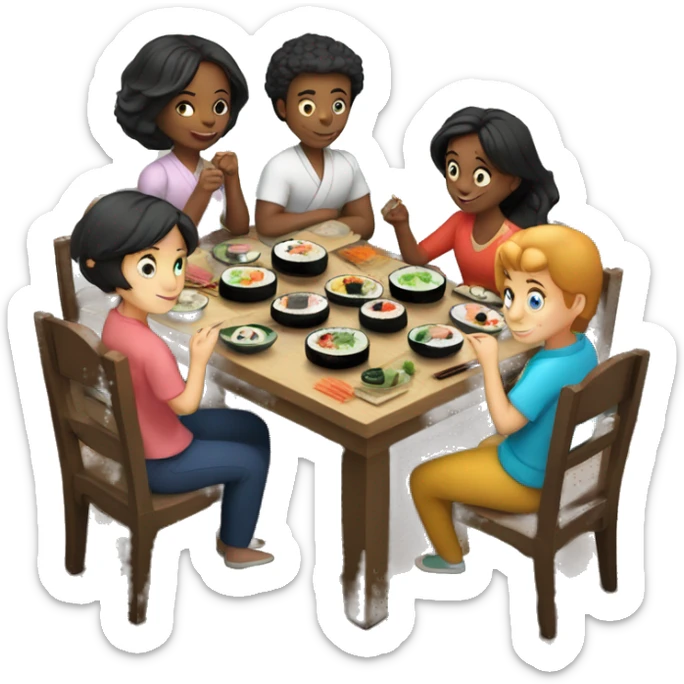 English family of 7 members eating sushi together at kitchen table sticker