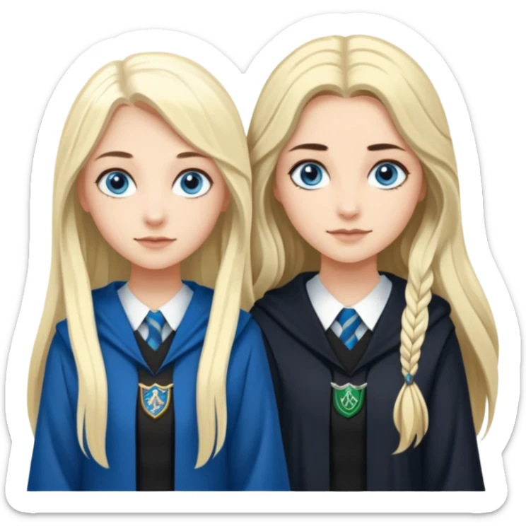 a pretty ravenclaw girl with long dark brown hair and blue eyes standing with a pretty Slytherin girl with long blonde hair, blue eyes sticker