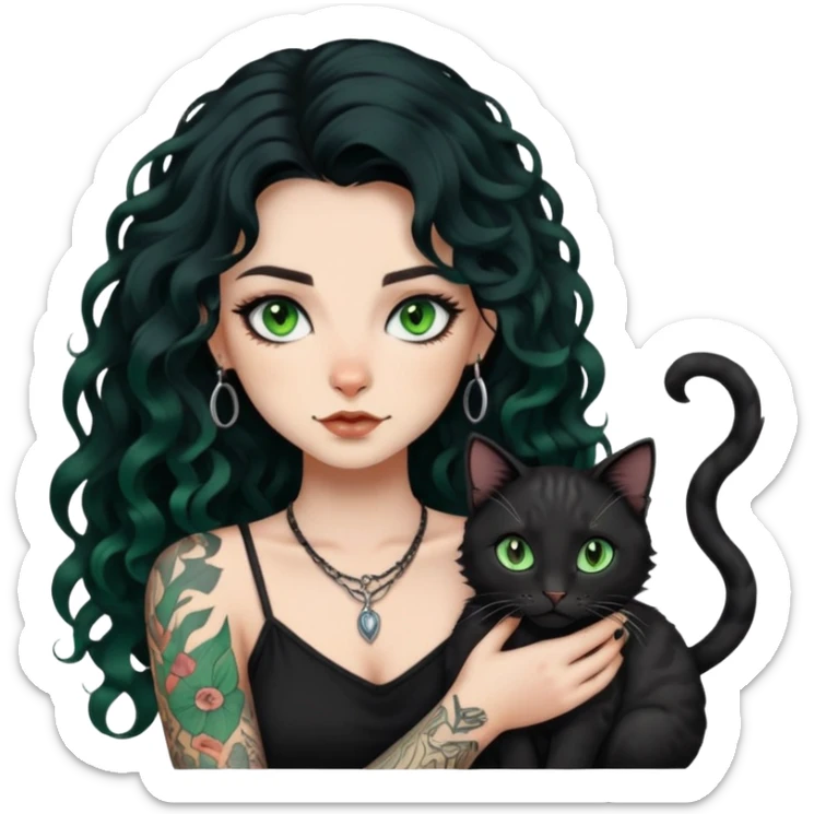 girl with long black Loose curls hair and tattoos and a light green eyes cat sticker