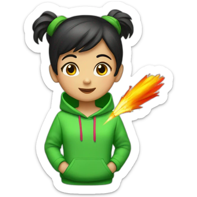 Girl-with-short-black-hair-in-a-firecracker-and-green-hoodie sticker