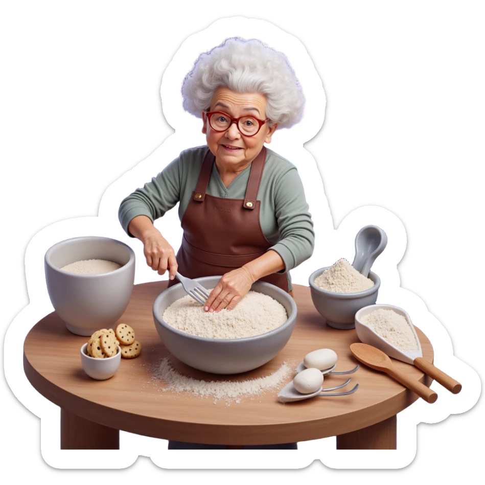 Portrait of a cosmic grandma baking cookies among stars and galaxies, swirling nebula flour clouds, planetary mixing bowls, surreal space setting, emoji-style sticker