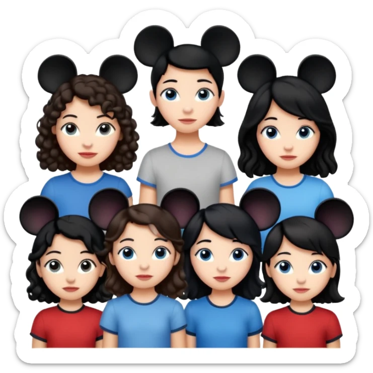 Algo de Disney y por detrás o delante pon a quatro chicas: una con el pelo largo rizado marrón , otra con el pelo muy corto negro, como un chico, otra con el pelo mediano liso marrón con ojos azulesy otra con el pelo negro largo liso . Todos son color carne. Es para el viaje sticker