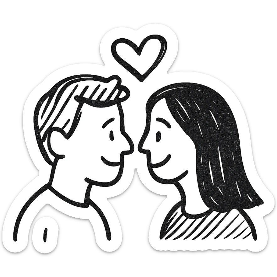 white man with brown hair and white woman with black hair, in love sticker