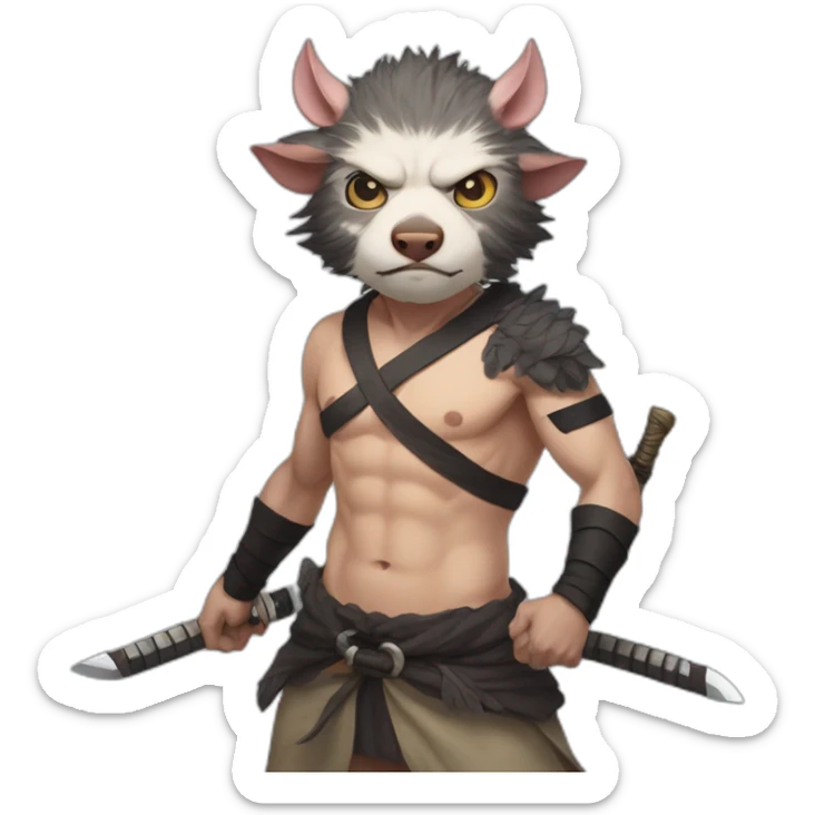 Inosuke from the anime Demon Slayer wears a mask Mountain boar, half-naked and carrying two swords sticker