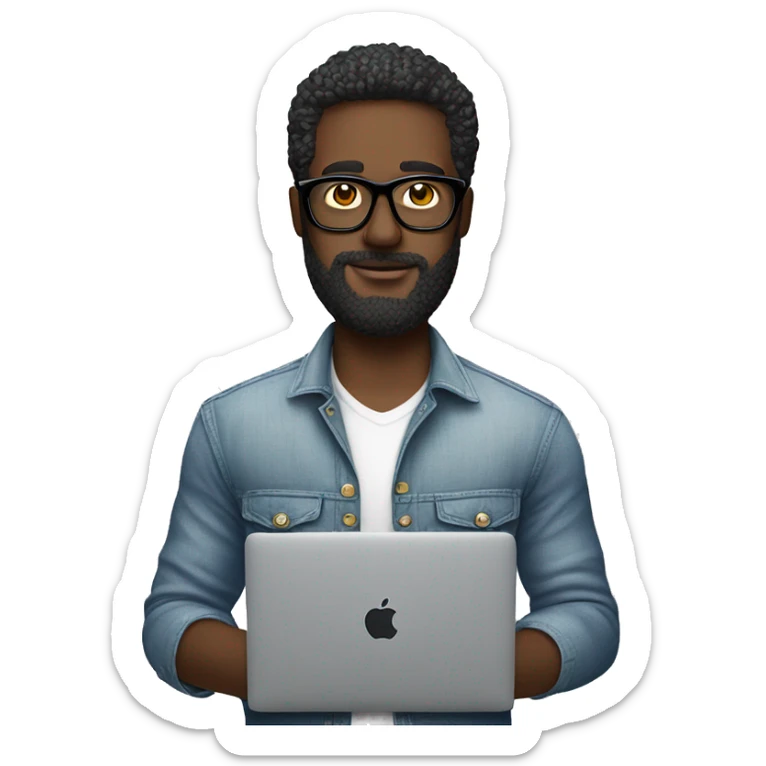 Emoji man with beard with macbook in hands in versace glasses and in shirt, profession - graphic designer sticker