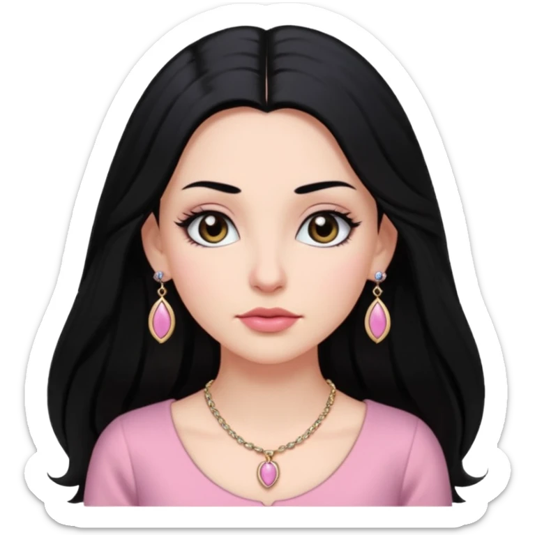 Menina branca ,cabelos pretos longos, olhos pretos puxados para cima. Cílios longos, lábios grossos ,nariz pequeno ,vestido rosa claro de alça. Colar e brinco bem pequeno sticker