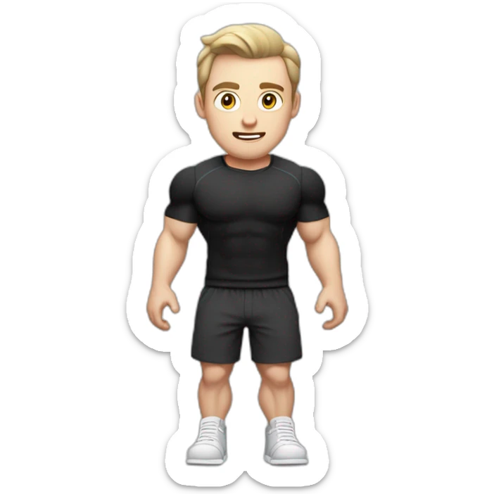 amazed Pale skinned Fit Man With the biceps and dark brown hair in black shirt, gray sports shorts and white Sneakers sticker