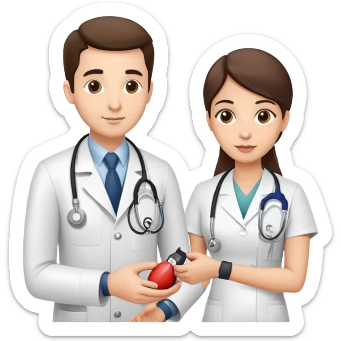 Doctor measuring patient's blood pressure with sphygmomanometer and stethoscope, medical pressure check sticker