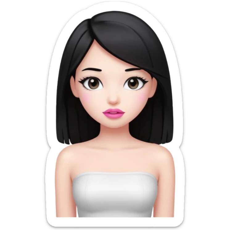 very pretty girl with black straight hair down to her waist, wearing pink lipstick, soft aura, white tube top sticker