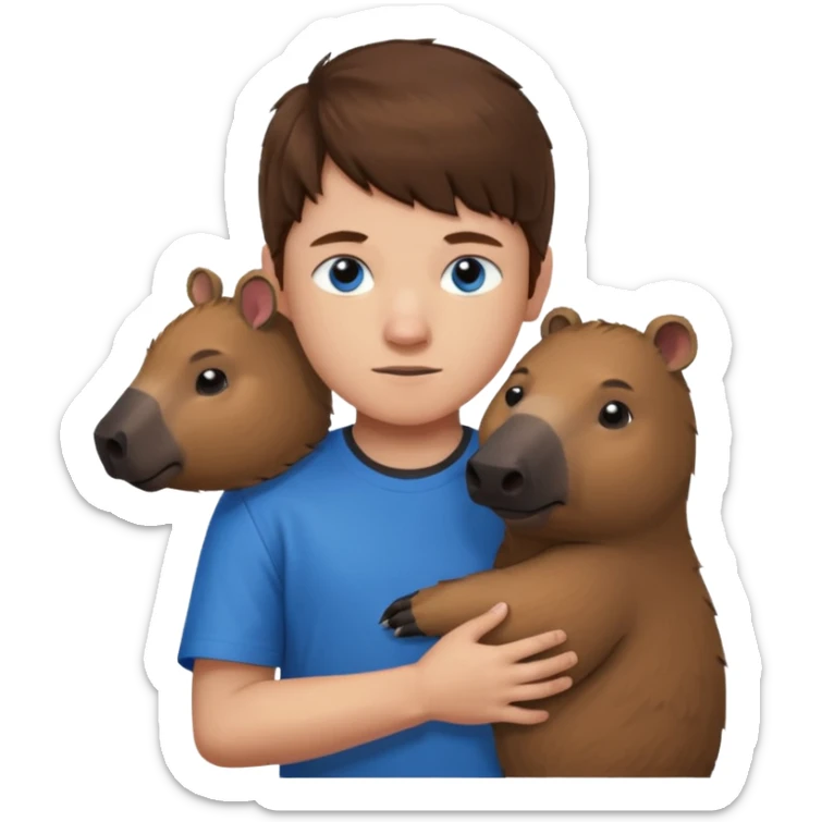 8 year old boy with brown hair and blue eyes and a minecraft shirt hugging a capybara  sticker