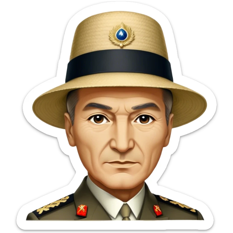 Mustafa Kemal Atatürk (statesman) in traditional hat – Cinematic Realistic Portrait of Mustafa Kemal Atatürk, depicted in dignified traditional attire with a distinctive hat, a resolute and visionary expression illuminated by warm, historic lighting, rendered with rich textures that evoke his transformative leadership. sticker