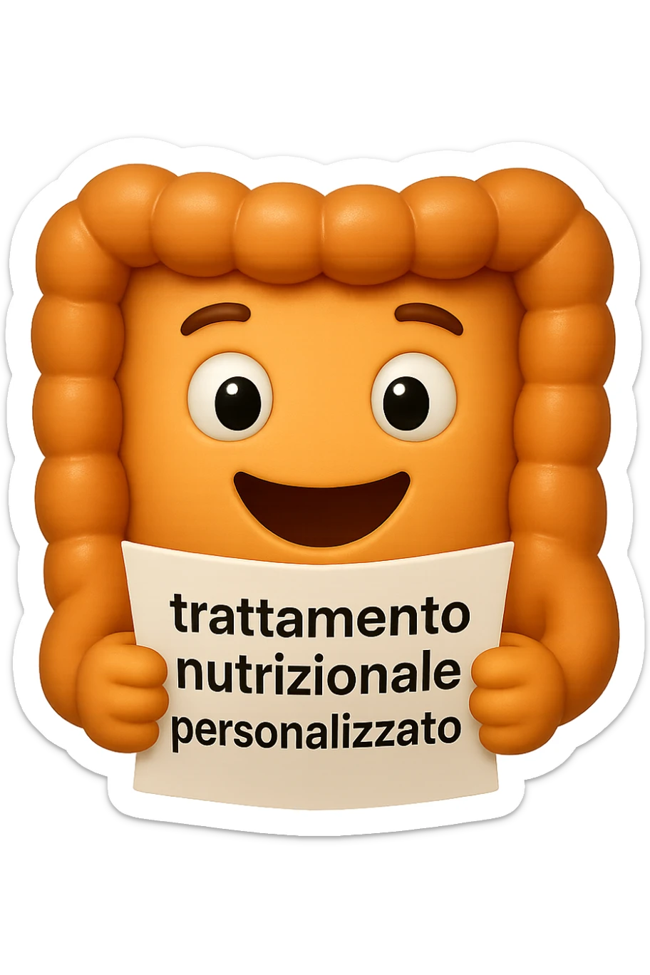 emoji stile iphone di un intestino felice che legge un foglio con la scritta "trattamento nutrizionale personalizzato", non fargli il naso, iperrealistico 4k sticker