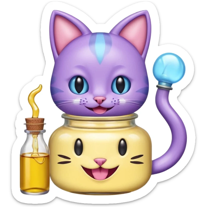 Smiling bottle of oil light purple top and light blue sticking tongue out and with cat ears sticker
