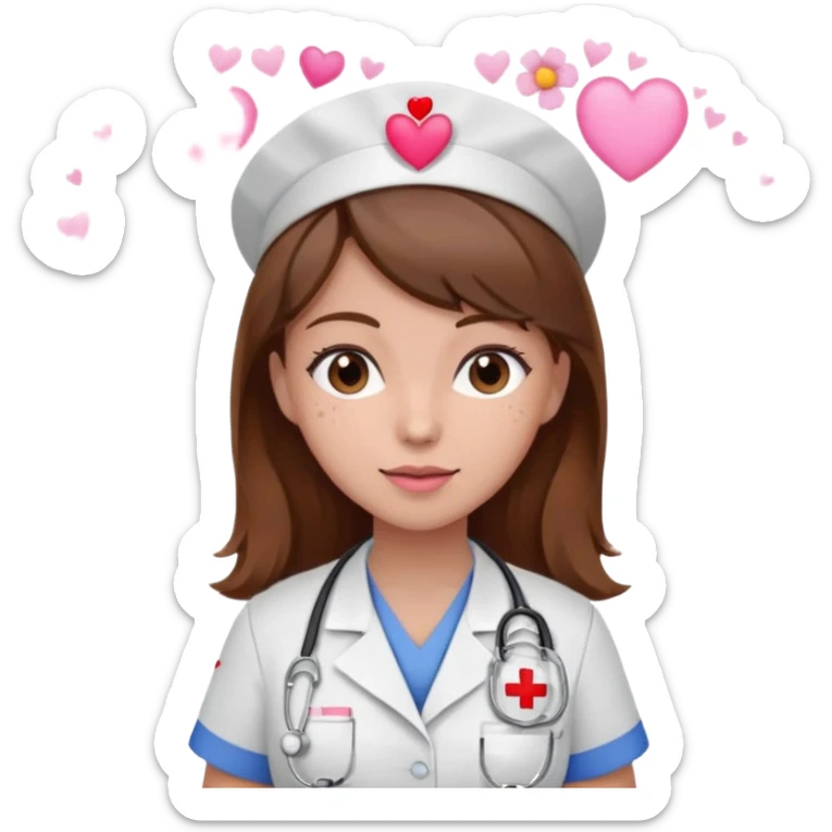 Brown hair Nurse with pink heart and flowers surround her in a random pattern sticker