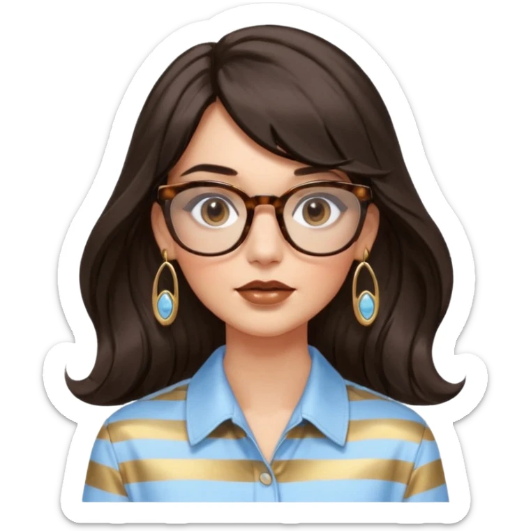 An emoji featuring a woman with long wavy dark brown hair and a whispy bang, wearing thick tortoise SQUARE glasses, gold drop earrings. She has long lashes and a nude browny glossy lipstick. She's wearing an oversize light blue shirt with white vertical strips. sticker