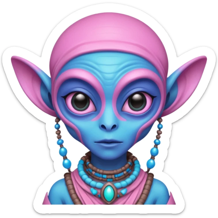 alien living in desert, dressed like a desert alien, pink/blue colorful, accessories, just face  sticker