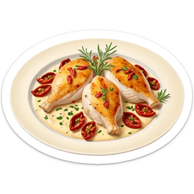 plate of Marry Me Chicken with golden seared chicken breasts in creamy sauce with sun-dried tomatoes and herbs on white plate sticker