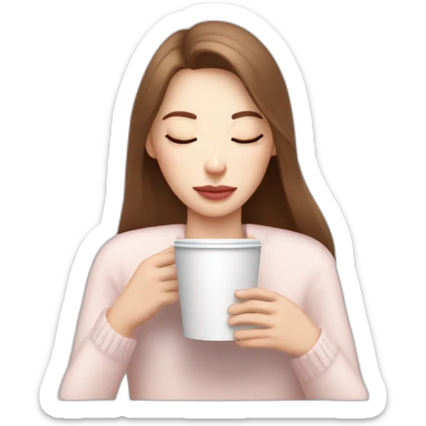 woman with pale skin and brown long thin hair wearing a white woolly shirt drinking coffee from a light pink takeaway cup eyes closed sticker