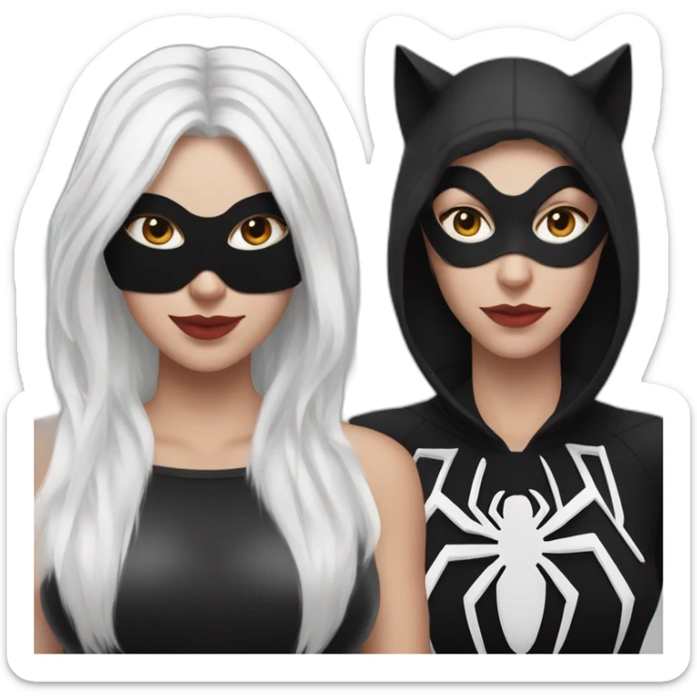 A woman with white hair and cat ears and a black mask around her eyes has white skin and a black spiderman mask on her face. sticker