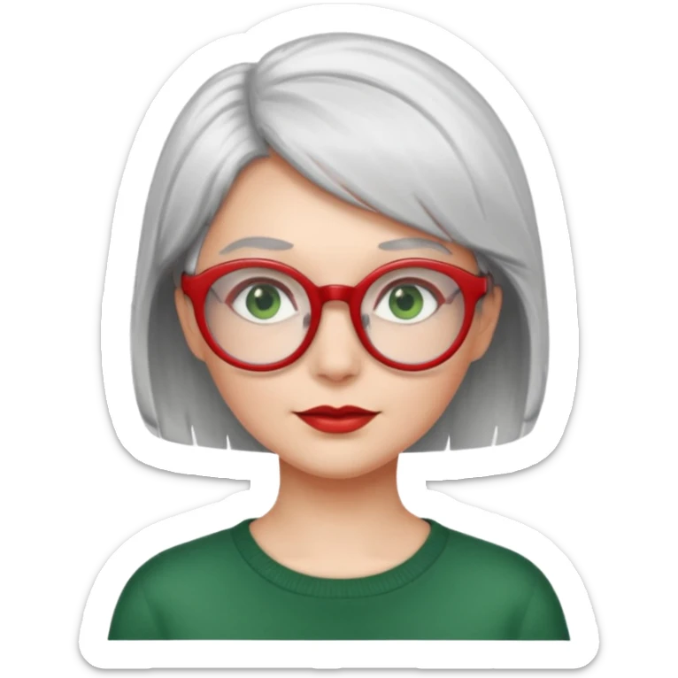 visage femme a lunettes pas épaisse ronde rouge avec cheveux courts gris-blancs aux yeux verts sticker