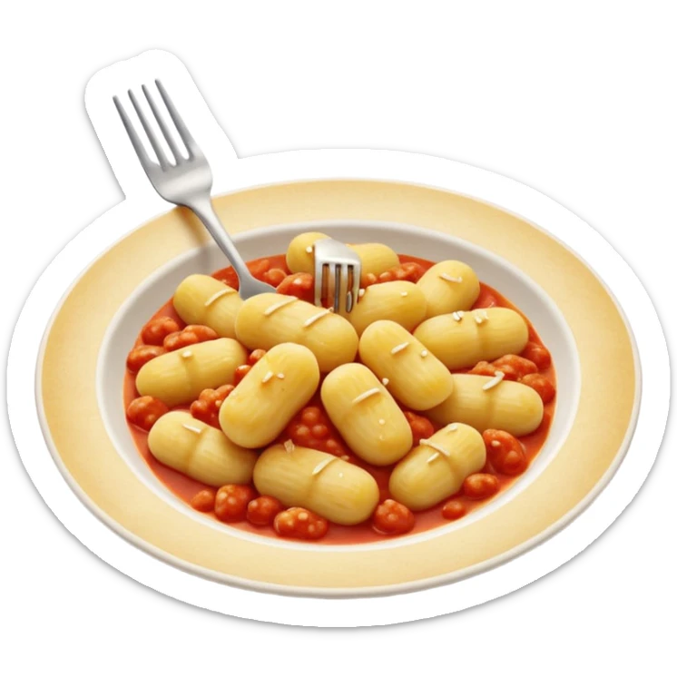 Gnocchi Cinematic Realistic Gnocchi Dish Emoji, depicted as tender oblong potato gnocchi garnished with iconic fork marks on top, rendered with soft textures and warm, inviting lighting. add red sauce sticker