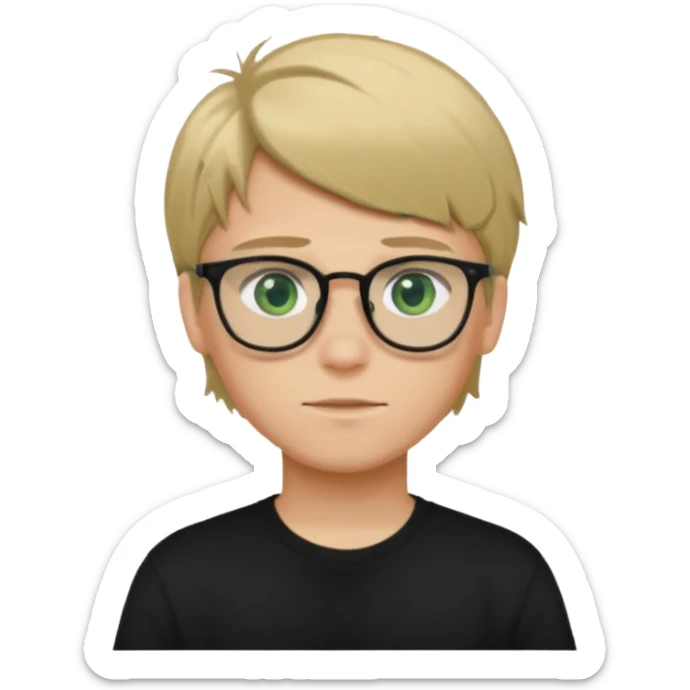 Generate me a profile picture like with a teenage boy who has dirty blond hair, green eyes, glasses and a black t-shirt sticker