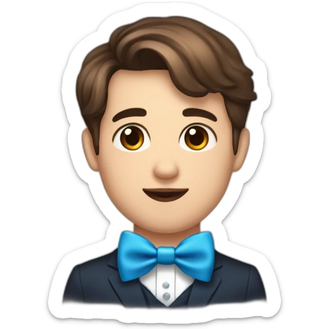 A obèse young male tennager with a beauty spot on chin with a round face and very short brown hair and a mole on chin wearing a blue bow tie sticker