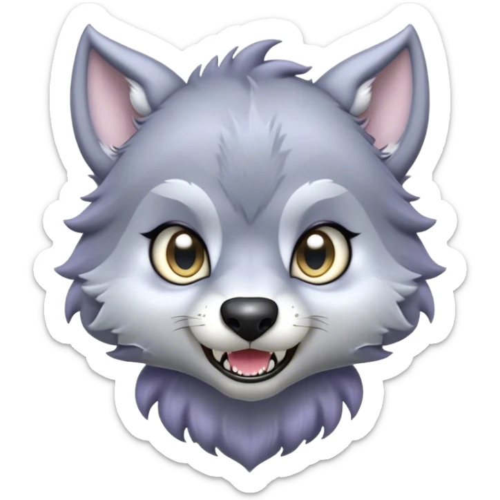Cinematic Cute Werewolf Portrait Emoji, with a cuddly, miniature lupine form in soft moonlit grays and silvers, featuring oversized sparkling eyes and a sweet, endearing snarl, simplified yet irresistibly adorable, highly detailed with a gentle glowing outline that captures the playful, heartwarming essence of a little werewolf! sticker