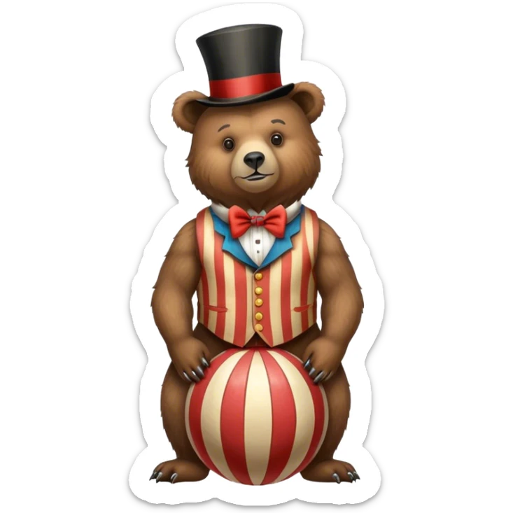 Vintage circus grizzly bear standing on striped ball wearing vest and top hat sticker
